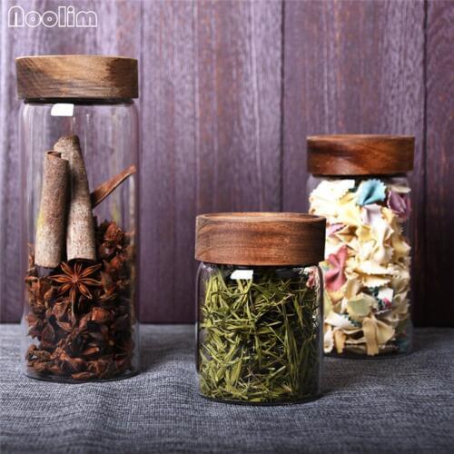 Solid Color Glass Storage Bottle with Wood Cover Grains Dried Fruit Sealed Can Spice Tea Leaf Storage Box Kitchen Food Organizer