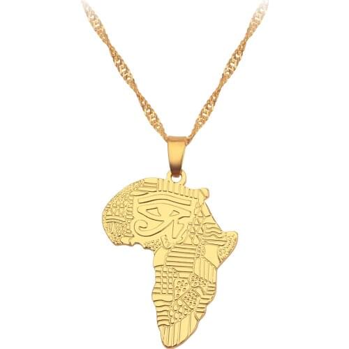 Hip-hop African Map With Horus Eye Necklace Gold Color Pendant Kwanzaa Friendship Tribal Jewelry Gifts For Male Ethiopian Boy
