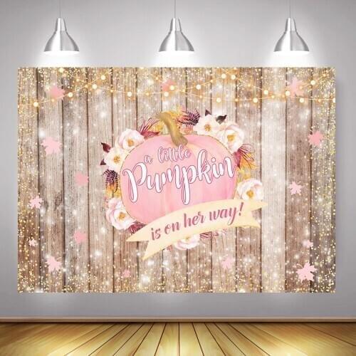Pink Newborn Little Pumpkin Baby Shower Backdrop Photography Gold Sprinkle Dots Wood Floor Fall Background Maple Leaf Photocall