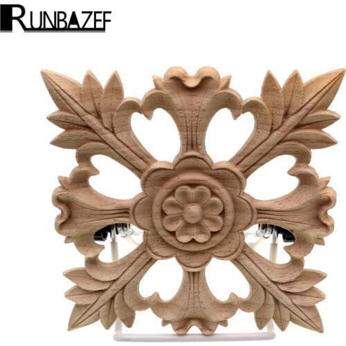 RUNBAZEF Wood Color Not Painted Wooden Home Decoration Accessories Loud Carving Square Wall Decorative Flower Craft Miniature