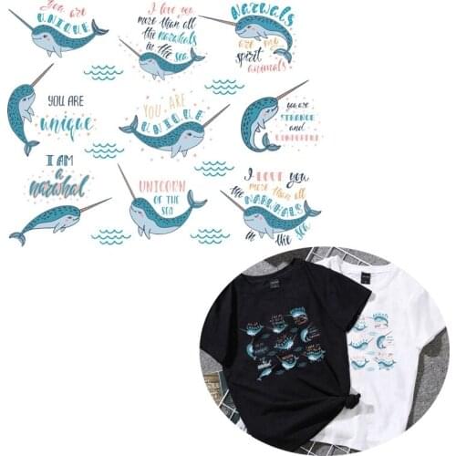 Cute Baby Unicorn Whale Patches For Clothing Iron On Transfer Cartoon Fish Heat Transfer Vinyl Washable Stickers