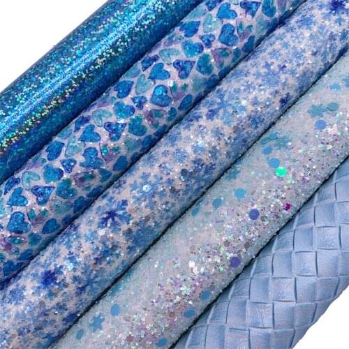 Blue Snowflake Hearts Printed Chunky Glitter Leather with Felt Backing Smooth Glitter Leather Weave Faux Leather KM133