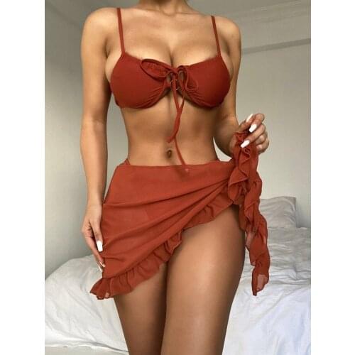 Sexy 3 Piece Bikini Set Padded Bra Push-up Solid Swimwear Bathing Suit Swimsuit Swimming Suit Summer Beach Swimsuit for Women