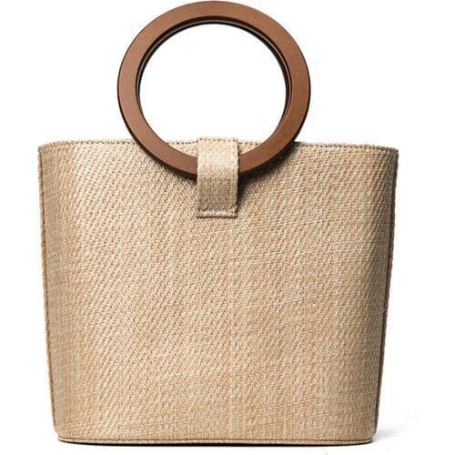 Classic Women Straw Shoulder Bag Round Handle Wood Handbag Summer Beach Holiday Casual Tote Crossbody Messenger Bag Female
