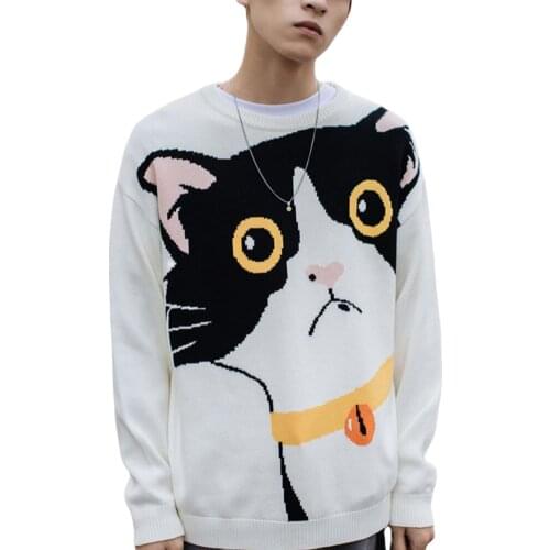 Funny Cartoon Cat Sweater Pullover Jumper Men Printed Knitted Sweater Hip Hop Harajuku Streetwear Casual Male Sweater