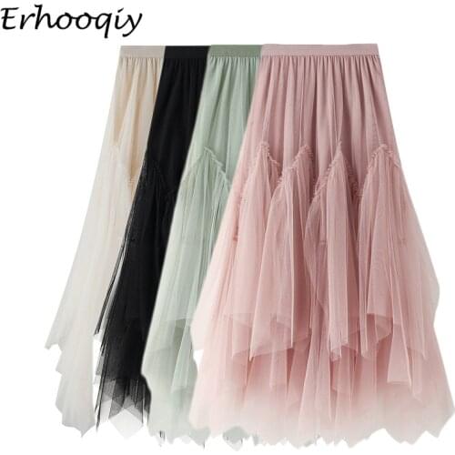 Pink Long Maxi Tulle Skirt Women 2021 Summer Fashion Korean Irregular A-Line High Waist Mesh Long Skirt Female Boho Longue Jupe