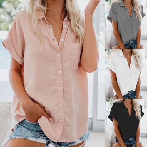 Simple Summer Casual Shirt Button Closure Women Shirt Turn-down Collar Top Short Sleeve Pocket Shirt Top Ladies Clothing