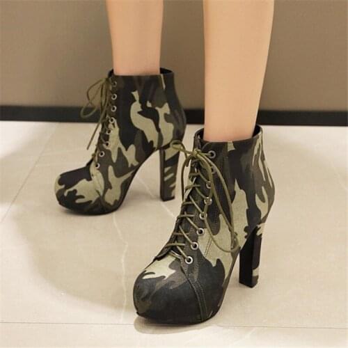 PXELENA Hot Fashion Camouflage Women High Heels Ankle Boots Lace Up Round Toe Lady Party Office Daily Work Shoes Plus Size 34-43