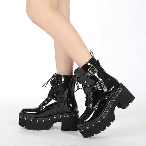 2021Autumn Winter Boots Women Sexy Chain Boots Ankle Buckle Strap Ankle Boots Square Heel Thick Sole Platform Rock Punk Style