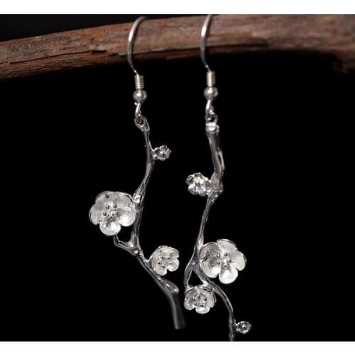 Asymmetri Plum Flower Long Drop Earrings 925 Sterling Silver Earrings For Women Vintage Lady Prevent Allergy Fine jewelry