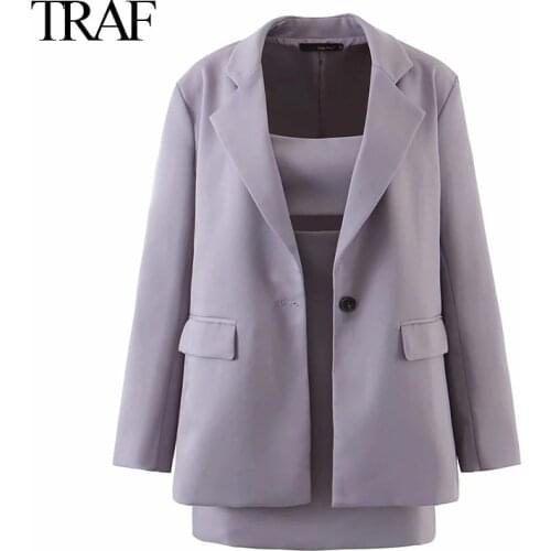 TRAF Za 2021 Women Fashion England Style Purple Solid Long Blazer Women Blazers And Jackets+Sling Cutout Dress Two Piece Sets