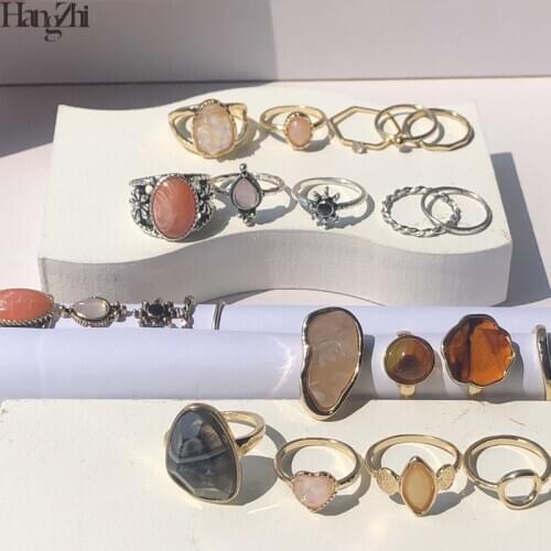 HangZhi 2020 New Vintage Flower Daisy Colorful Stones Crystal Marble Geometric Irregular Heart Rings Set Jewelry for Women