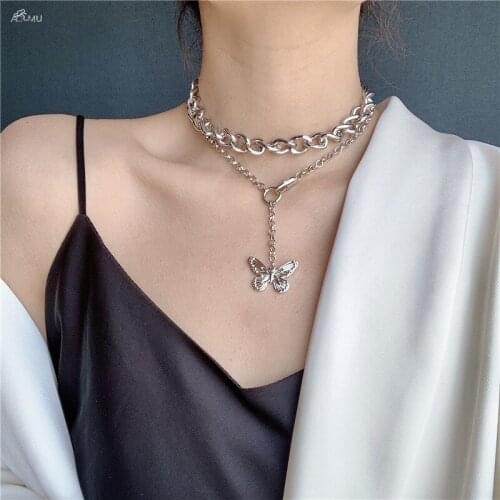 AOMU 2020 Fashion Exaggerate Double Layer Butterfly Pendant Necklace Metal Clavicle Chain Sweater Chain For Women Jewelry Party