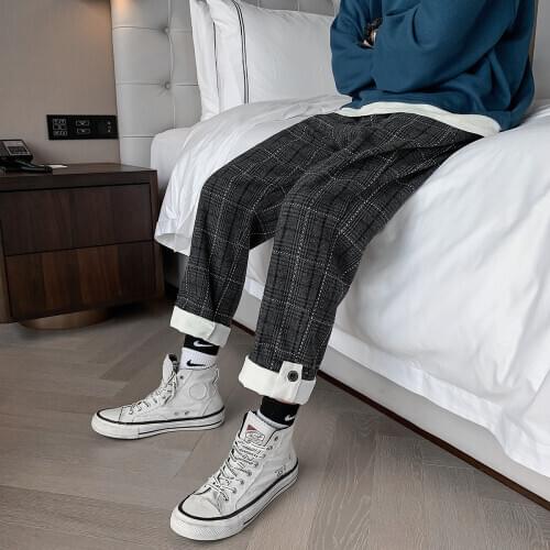 2021 Winter Mens New Keep Warm Woolen Pants Lattice Printing Youth Straight Casual Pants Fashion Trend Loose Trousers S-2XL