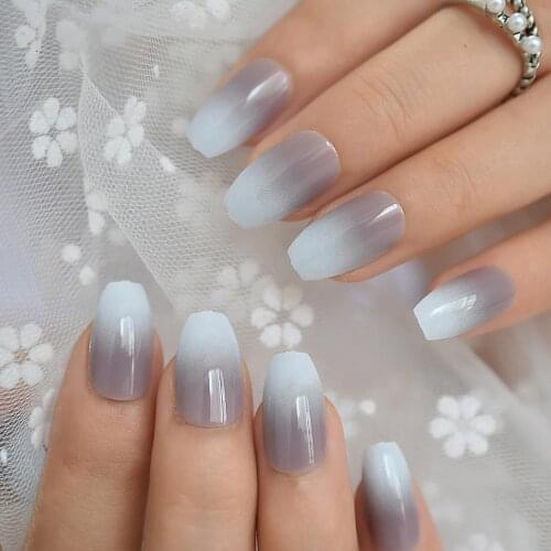 24Pcs Ballerina Ombre French Fake Nails Gradient Gray Coffin Flat Artificial False Nail Tips for Office Home Faux Ongle Sticker