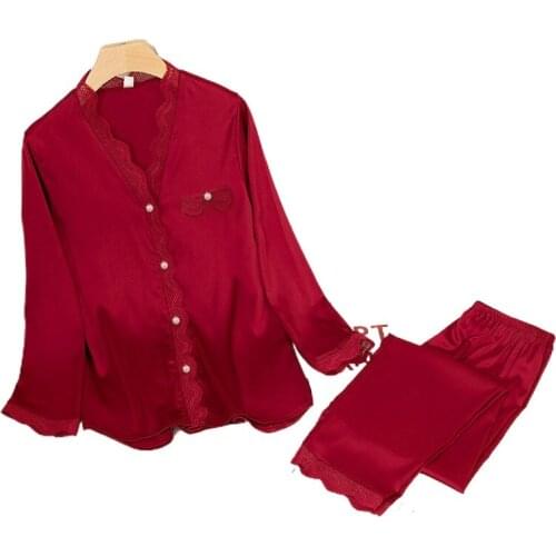 A1 Ice silk pajamas womens spring and autumn long-sleeved suit printed home wear two-piece sleepwear59b1-1