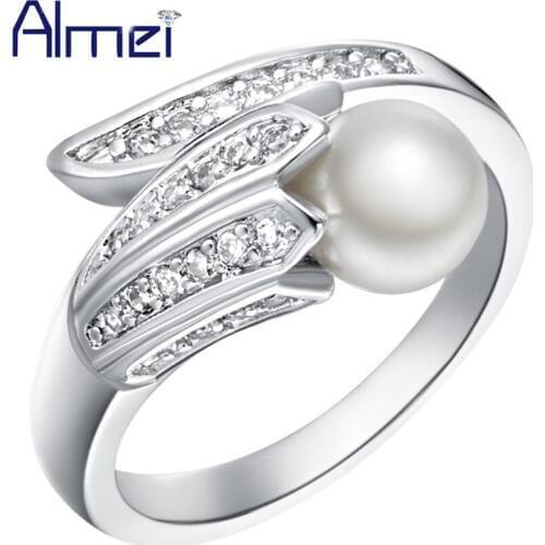 Almei Love Rings Jewellery Silver Color Jewelry Imitation Pearl Ring For Women Engagement Sieraden Chinese-Market-Online J247