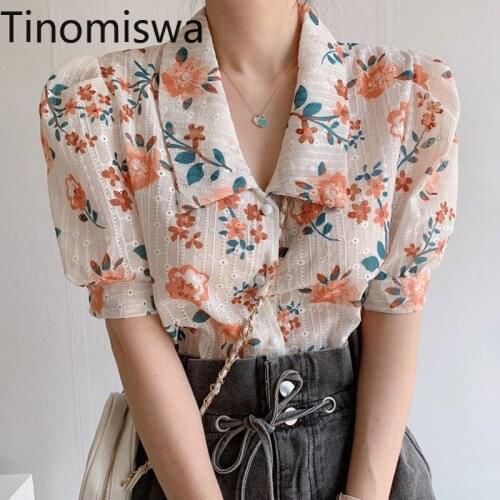 Tinomiswa 2021 New Korean Floral Shirts Women Summer Loose Short Sleeve Casual Blouses Office Ladies Single Breasted Blusas
