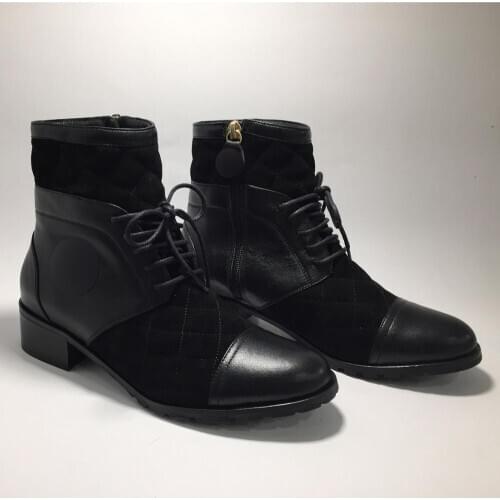 Women luxury design Genuine Leather Black Ankle Winter Boots Autumn Shoes Female Thick Short Booties Real Suede Leather
