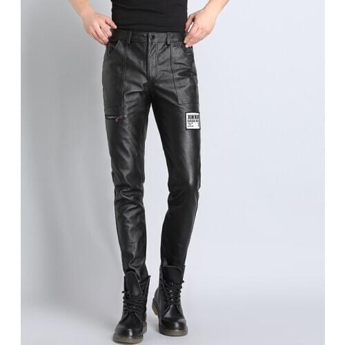 Mens Genuine Leather Pants Real Sheepskin Motorcycle Biker Fashion Korean Style Streetwear Black Casual Male Trousers Plus Size