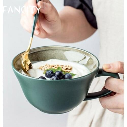 FANCITY Creative Ice Cracked Glazed Oatmeal Bowl Cup Large Capacity Breakfast Cup Nordic Ceramic Mug Household Large Caliber Cup