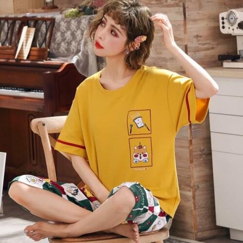 Summer Women Cotton Cartoon Pajamas Set Cute Yellow Casual Sleepwear Plus Size Lounge Wear O-Neck Calf-Length Pants Nightwear