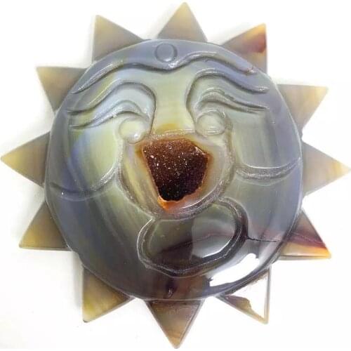 MOKAGY Natural Gray Agate Quartz Crystal Geode Carvings Sun Shape Figurine 3 Inch 1pc