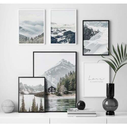 Fog Reef Snow Mountain Lake Pine Forest Wall Art Christmas Canvas Painting Nordic Poster And Prints Wall Pictures Home Decor