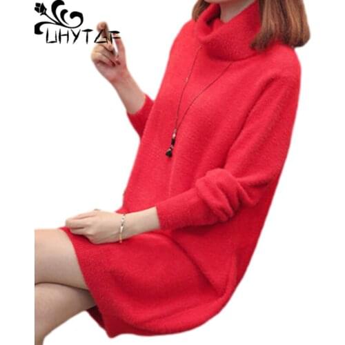 UHYTGF New High Quality Mink Cashmere Knitted Sweater Dress Female Fashion Pullover Knitted Dress Womens Autumn Winter Dress 191