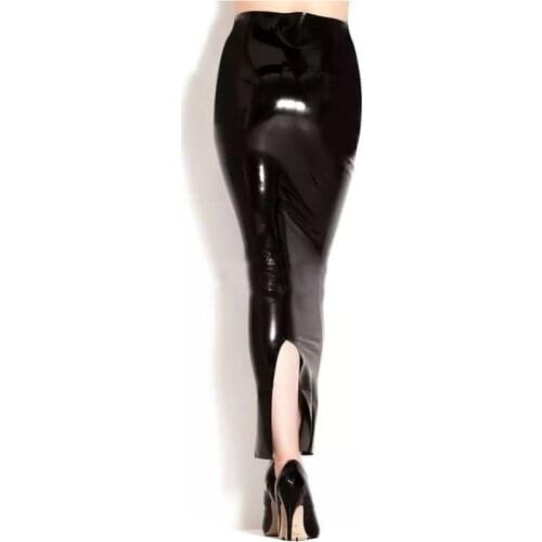 Autumn Faux Latex Leather Ankle Length Skirts Women Sexy Skinny High Waist PVC Skirts Back Hems Split Bodycon Wet Look Clubwear