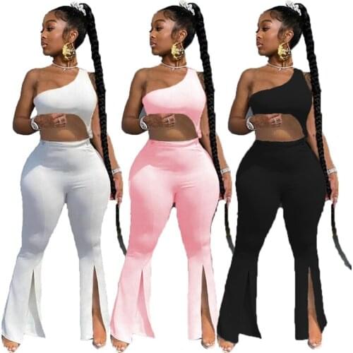 ZKYZWX Sexy Two Piece Set One Shoulder Crop Top Bodycon Split Pants Birthday Outfits for Women Vacation Clothes Matching Sets
