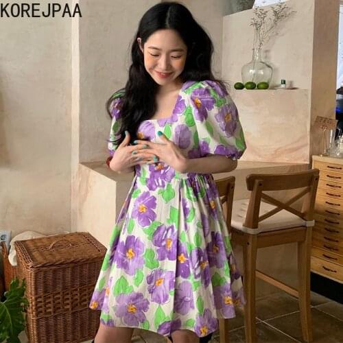 Korejpaa Women Dress 2021 Summer Korean Chic Girl Retro Flower Print Slimming Square Neck Pleated High Waist Puff Sleeve Vestido