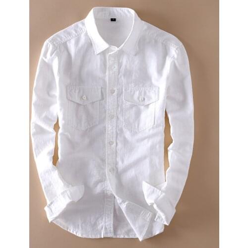 Long Sleeve Shirt for Men Casual Slim Fit Cotton Linen Pocket Decoration Tops Male Turn-down Collar Button Down Hemp Shirt