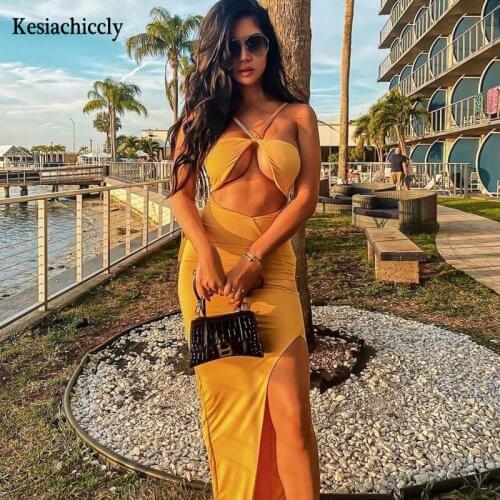 Kesiachiccly Sexy Summer hollow out dress Women elegant party bodycon long dress Summer sexy club slim high split dress vestido