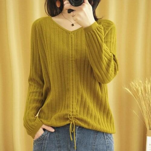 SZDYQH Autumn 100% Cotton Sweater Womens Clothes Korean V-neck Solid Color Plus Size Knit Pullover Female Casual Basic Shirt