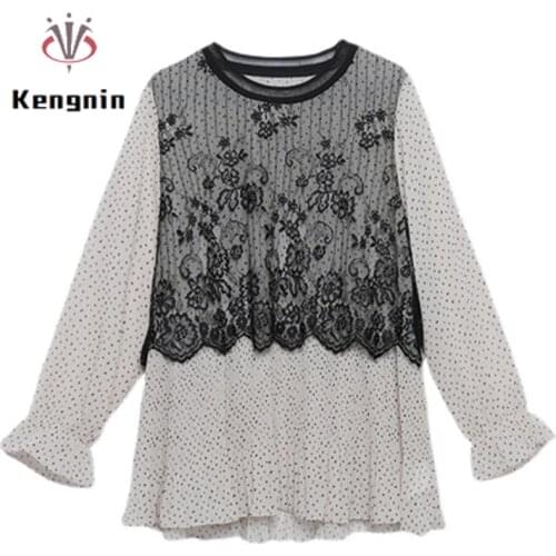 Fake Two Piece Womens Shirts New 2021 Autumn Oversized Loose Blouse Lady Lace PatchworkChiffon Blause Long Sleeve Tops KE1719