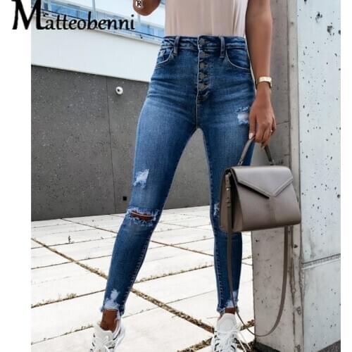 2021 Spring Autumn New High Street Elasticity Skinny Jeans Women Fashion Hole Casual Vintage Push Up Slim Denim Pants Femme