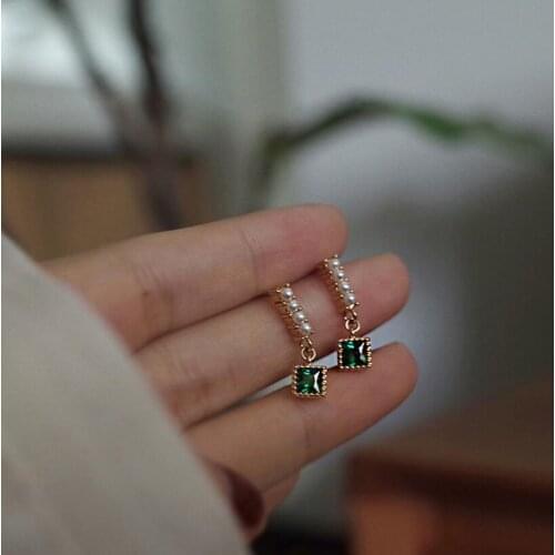 925 Sterling Silver Green Zircon Geometric Pearl Stud Earrings Women Noble Elegant Friendship Jewelry
