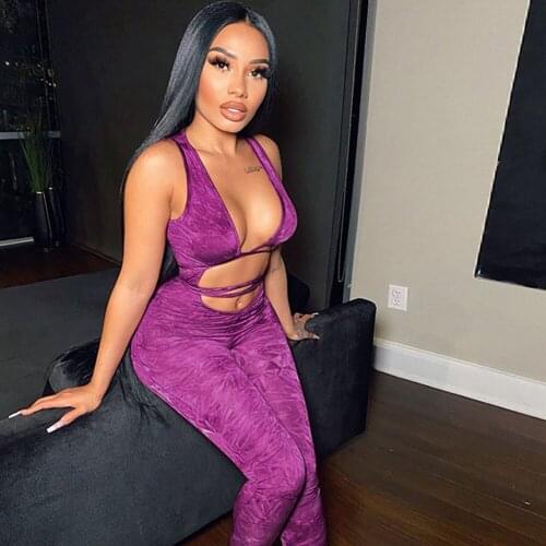 Sexy Lace-up Hollow Out Bandage Jumpsuit Women Sleeveless V-neck Skinny Print Party Clubwear Bodycon Rompers Female Club Outfits