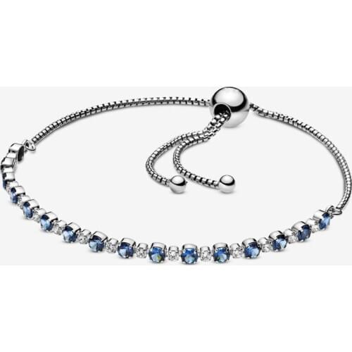 Real 925 Sterling Silver Blue and Clear Sparkle Slider Bracelet For Women Blue Crystal Adjustable Charm Bracelet DIY Jewelry