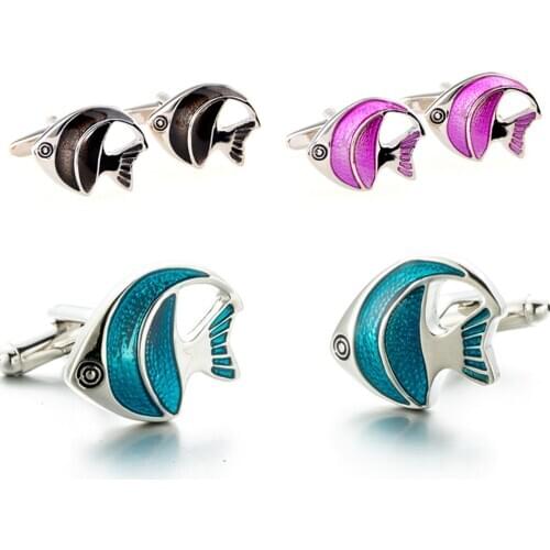 10Pairs/lot Copper Plating Tropical Fish Cufflinks Blue/Pink/Black Clown Fish Cuff Links Farthers Day Gift Wholesale