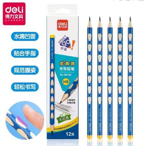 12pcs / box Deli 58182 triangular advanced graphite HB hole pencil, posture correction writing pencil, student office stationery