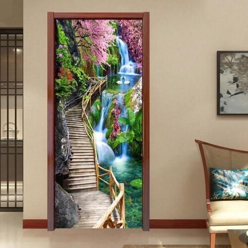 3D Stereo Waterfall Wallpaper Chinese Style Wooden Bridge Landscape PVC Door Wall Stickers Living Room Bedroom Home Door Poster