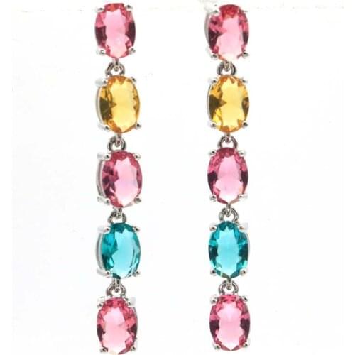 54x17mm Luxury Created Long Big Rich Blue Aquamarine White CZ Womans Wedding Silver Earrings