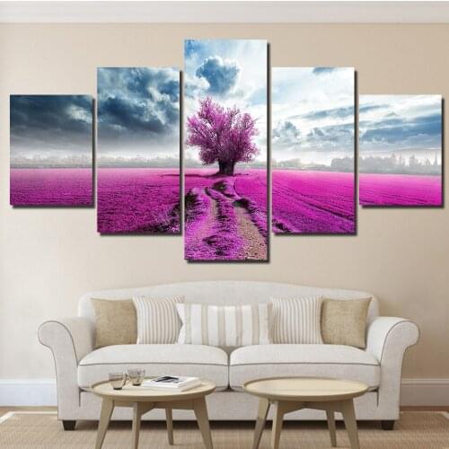 5 Pieces Purple Flowers Blue Sky Landscape Cuadros Paintings Wall Art Home Decor Canvas Pictures Posters Decoration Accessories