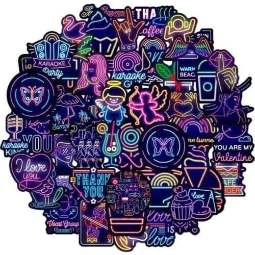 50Pcs Neon Light Stickers Waterproof Laptop Skateboard Luggage Guitar Stickers Anime Animal Cute Decals Stickers