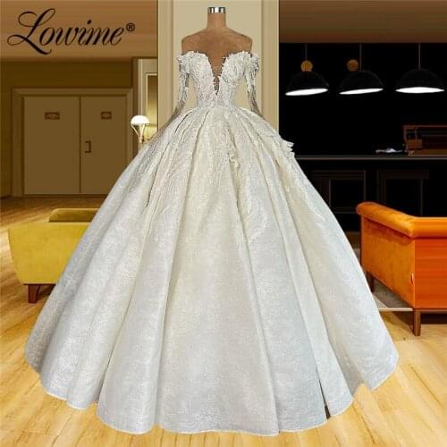 Arabic Off Shoulder Long Sleeves Evening Dresses 2021 Customized Muslim Bridal Gowns Pearls Bride Dresses Vestido De Noiva