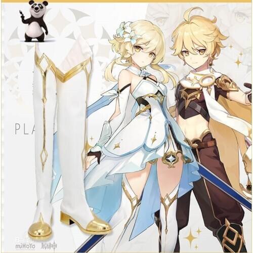 Genshin Impact Plaper Female Traveler White Cosplay Shoes Boots Newest Custom Made For Halloween Cosplay Love