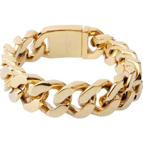 Strong Cool 20mm Wide Stainless Steel Gold Tone Cuban Curb Link Chain Gift Mens Bracelet Wristband 9inch Christmas Gift