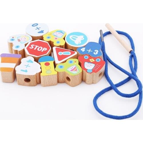 Beech Wood Blocks Cartoon Animals Fruit Block Wooden Toys Stringing Threading Beads Game Education Toy For Kids Children